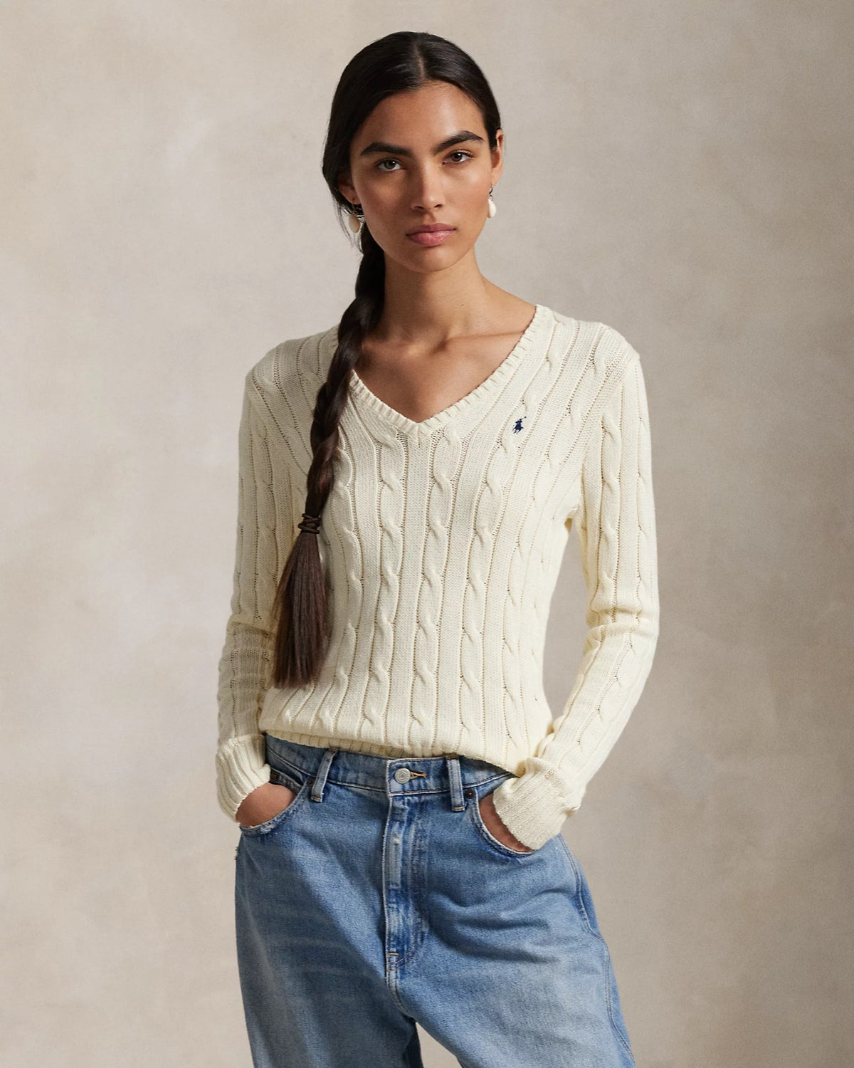 Polo Ralph Lauren ბამბის წნული სვიტერი სამკუთხა საყელოთი