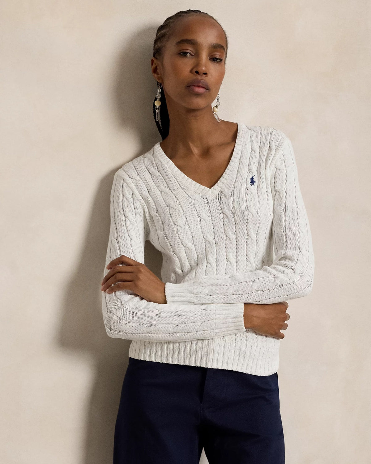 Polo Ralph Lauren ბამბის წნული სვიტერი სამკუთხა საყელოთი